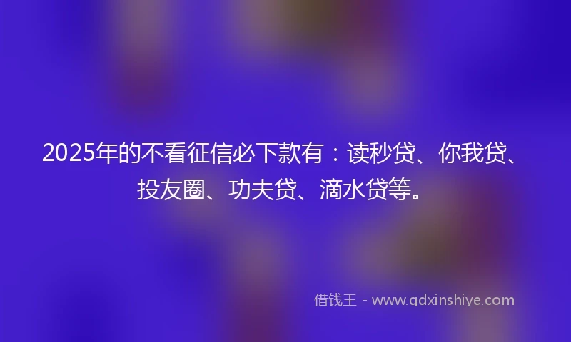 2025年的不看征信必下款有：读秒贷、你我贷、投友圈、功夫贷、滴水贷等。