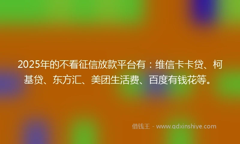 2025年的不看征信放款平台有：维信卡卡贷、柯基贷、东方汇、美团生活费、百度有钱花等。