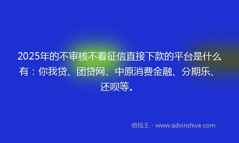 2025年的不审核不看征信直接下款的平台是什么有：你我贷、团贷网、中原消费金融、分期乐、还呗等。