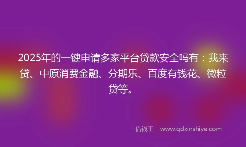 2025年的一键申请多家平台贷款安全吗有：我来贷、中原消费金融、分期乐、百度有钱花、微粒贷等。