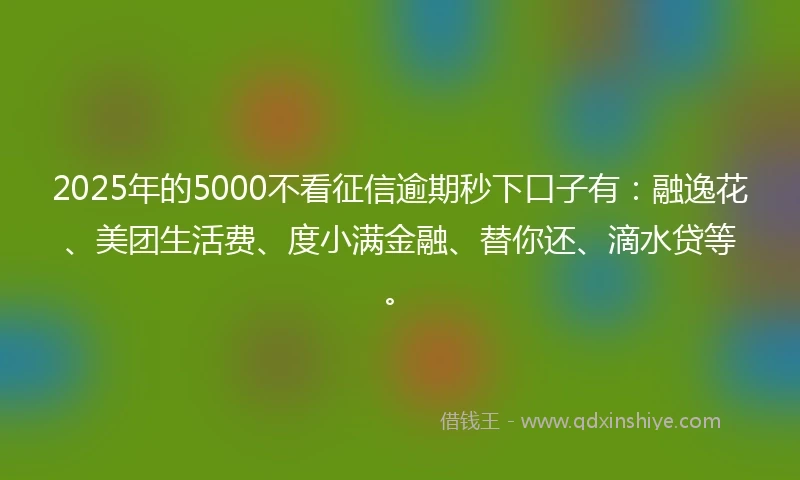 2025年的5000不看征信逾期秒下口子有：融逸花、美团生活费、度小满金融、替你还、滴水贷等。