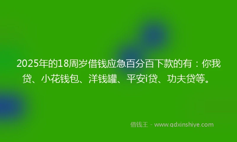 2025年的18周岁借钱应急百分百下款的有：你我贷、小花钱包、洋钱罐、平安i贷、功夫贷等。