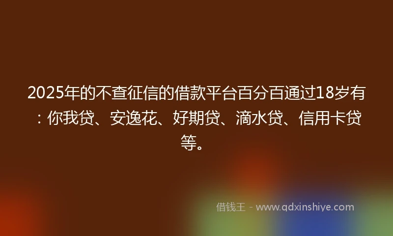 2025年的不查征信的借款平台百分百通过18岁有：你我贷、安逸花、好期贷、滴水贷、信用卡贷等。