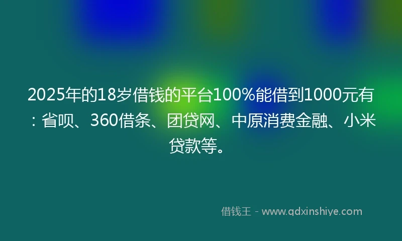 2025年的18岁借钱的平台100%能借到1000元有：省呗、360借条、团贷网、中原消费金融、小米贷款等。