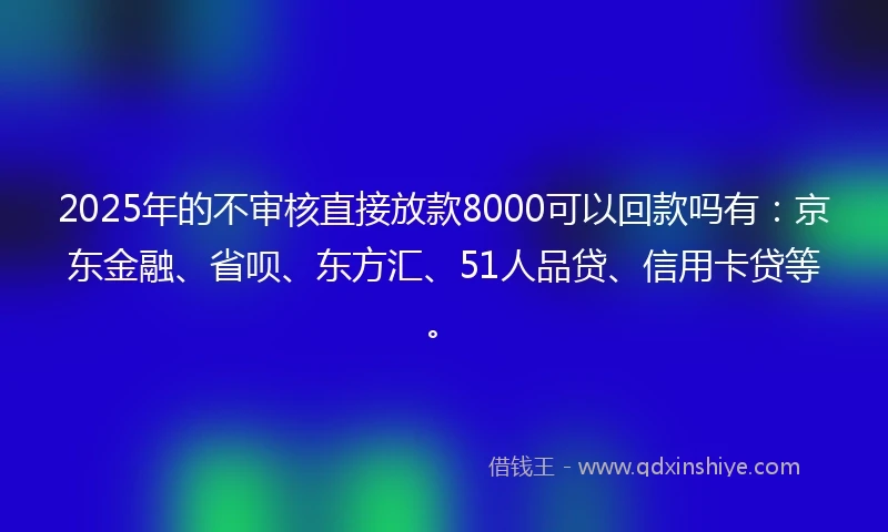 2025年的不审核直接放款8000可以回款吗有：京东金融、省呗、东方汇、51人品贷、信用卡贷等。