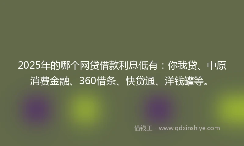 2025年的哪个网贷借款利息低有：你我贷、中原消费金融、360借条、快贷通、洋钱罐等。