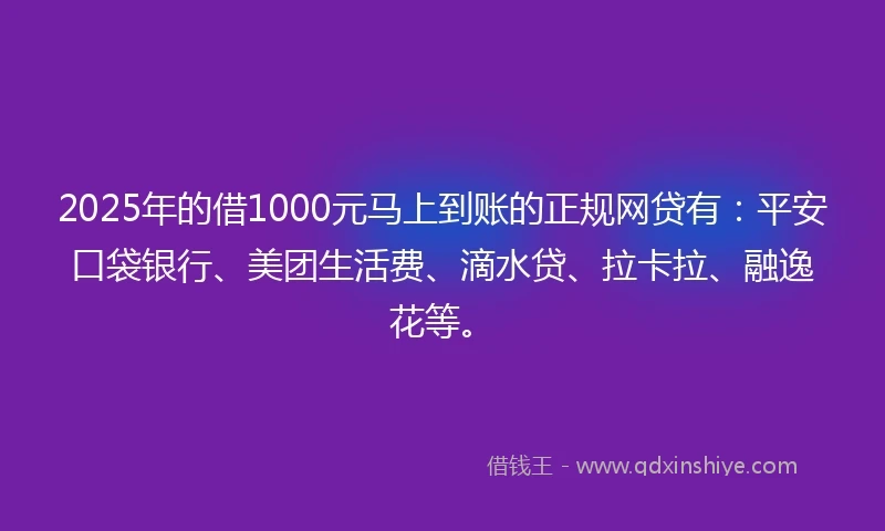 2025年的借1000元马上到账的正规网贷有：平安口袋银行、美团生活费、滴水贷、拉卡拉、融逸花等。