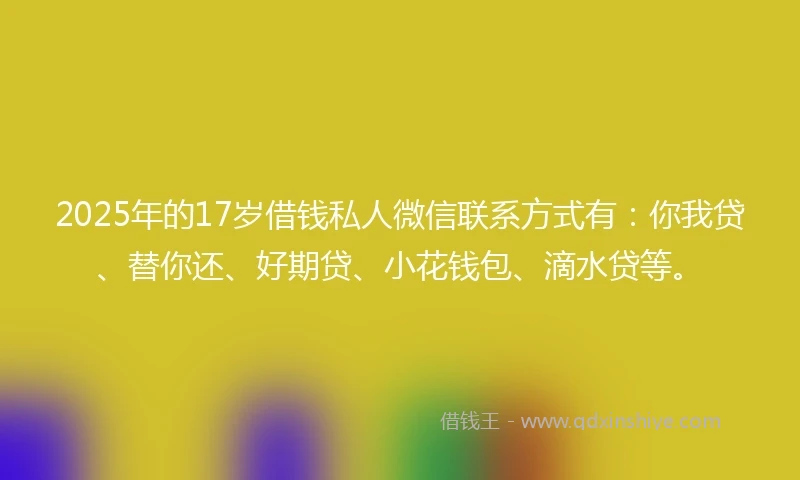 2025年的17岁借钱私人微信联系方式有：你我贷、替你还、好期贷、小花钱包、滴水贷等。