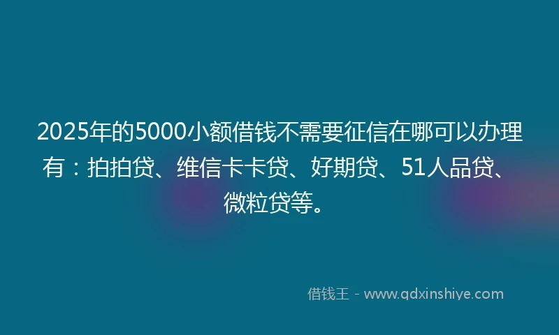 2025年的5000小额借钱不需要征信在哪可以办理有：拍拍贷、维信卡卡贷、好期贷、51人品贷、微粒贷等。