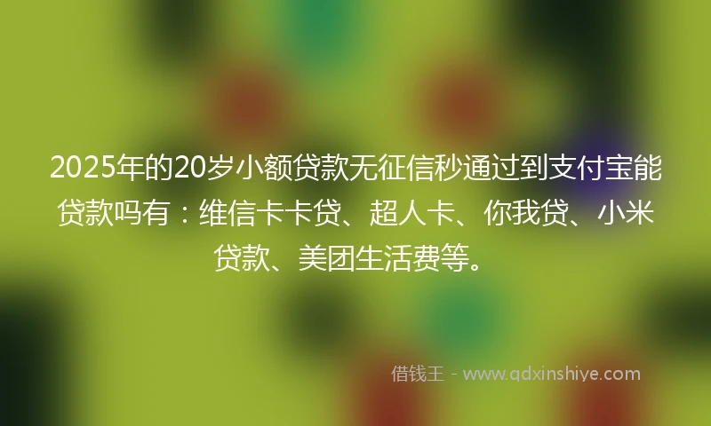 2025年的20岁小额贷款无征信秒通过到支付宝能贷款吗有：维信卡卡贷、超人卡、你我贷、小米贷款、美团生活费等。