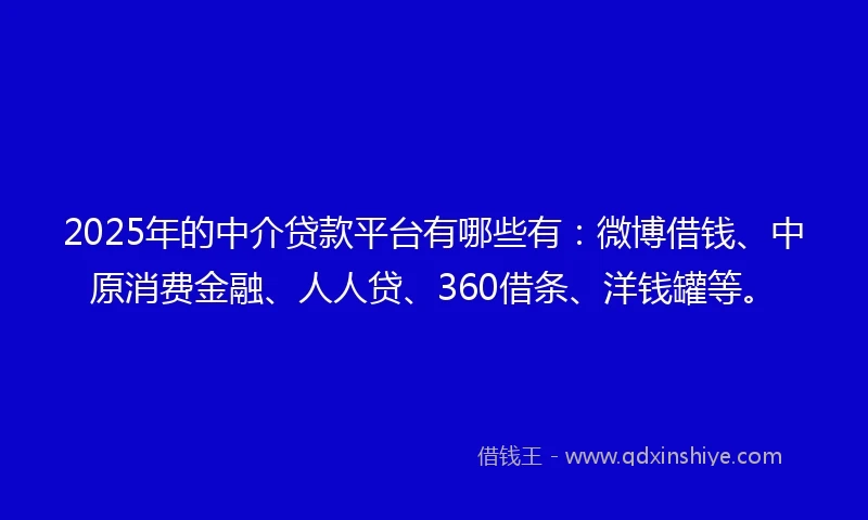 2025年的中介贷款平台有哪些有：微博借钱、中原消费金融、人人贷、360借条、洋钱罐等。