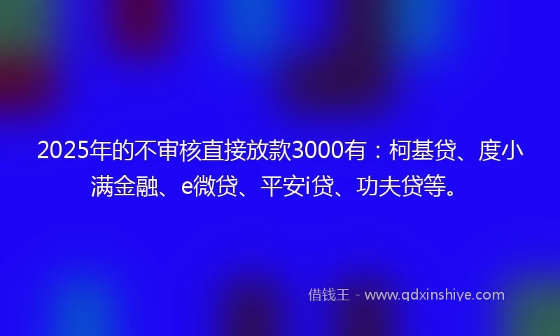 2025年的不审核直接放款3000有：柯基贷、度小满金融、e微贷、平安i贷、功夫贷等。