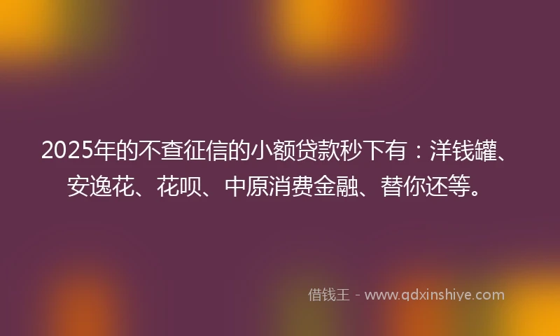 2025年的不查征信的小额贷款秒下有：洋钱罐、安逸花、花呗、中原消费金融、替你还等。