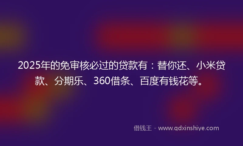 2025年的免审核必过的贷款有：替你还、小米贷款、分期乐、360借条、百度有钱花等。