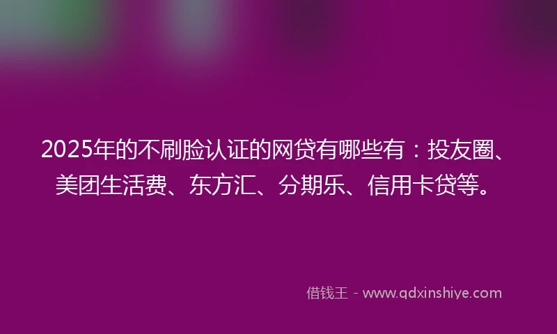 2025年的不刷脸认证的网贷有哪些有：投友圈、美团生活费、东方汇、分期乐、信用卡贷等。