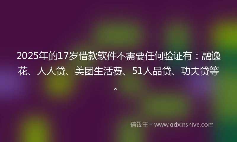 2025年的17岁借款软件不需要任何验证有：融逸花、人人贷、美团生活费、51人品贷、功夫贷等。