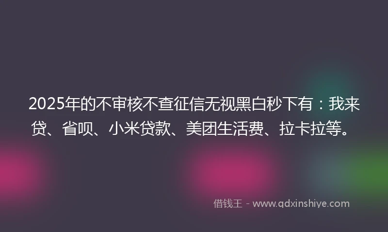 2025年的不审核不查征信无视黑白秒下有：我来贷、省呗、小米贷款、美团生活费、拉卡拉等。