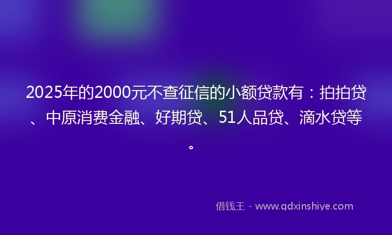 2025年的2000元不查征信的小额贷款有：拍拍贷、中原消费金融、好期贷、51人品贷、滴水贷等。