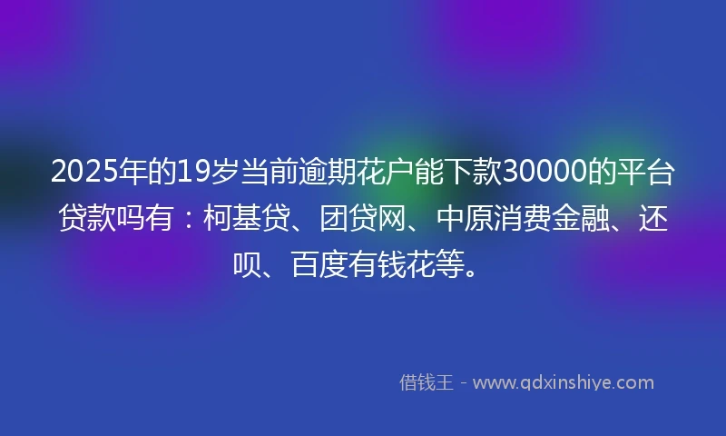 2025年的19岁当前逾期花户能下款30000的平台贷款吗有：柯基贷、团贷网、中原消费金融、还呗、百度有钱花等。
