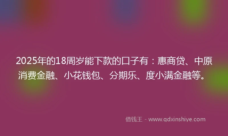 2025年的18周岁能下款的口子有：惠商贷、中原消费金融、小花钱包、分期乐、度小满金融等。