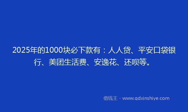 2025年的1000块必下款有：人人贷、平安口袋银行、美团生活费、安逸花、还呗等。