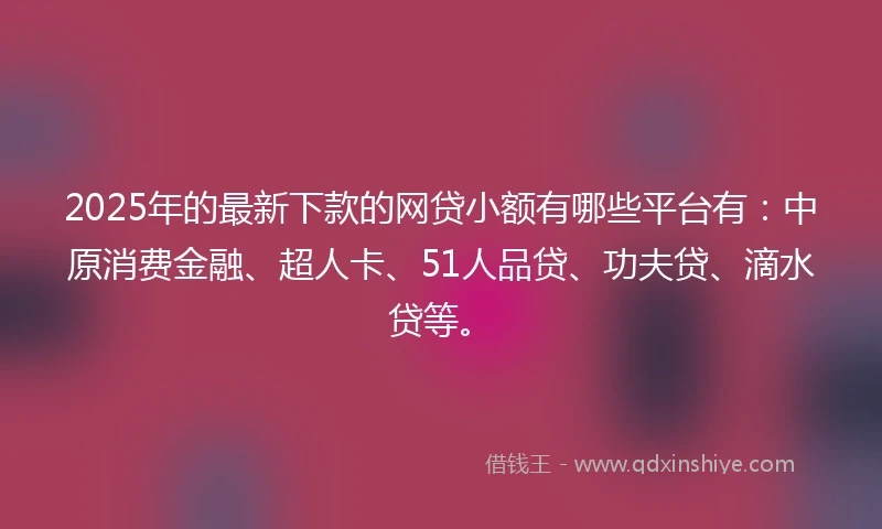 2025年的最新下款的网贷小额有哪些平台有：中原消费金融、超人卡、51人品贷、功夫贷、滴水贷等。