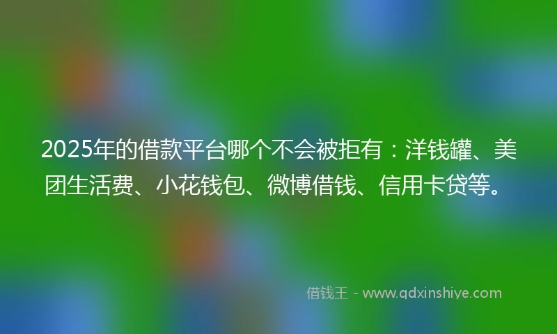 2025年的借款平台哪个不会被拒有：洋钱罐、美团生活费、小花钱包、微博借钱、信用卡贷等。