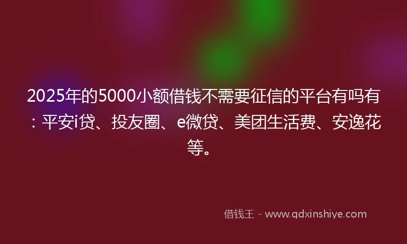 2025年的5000小额借钱不需要征信的平台有吗有：平安i贷、投友圈、e微贷、美团生活费、安逸花等。