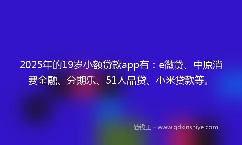 2025年的19岁小额贷款app有：e微贷、中原消费金融、分期乐、51人品贷、小米贷款等。