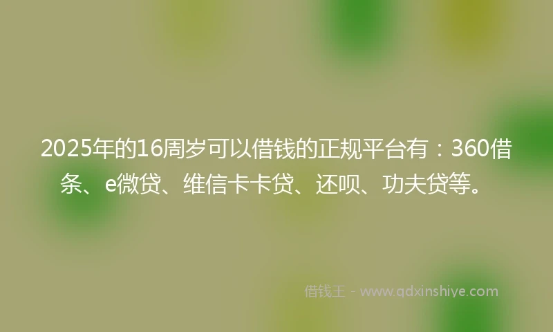 2025年的16周岁可以借钱的正规平台有：360借条、e微贷、维信卡卡贷、还呗、功夫贷等。