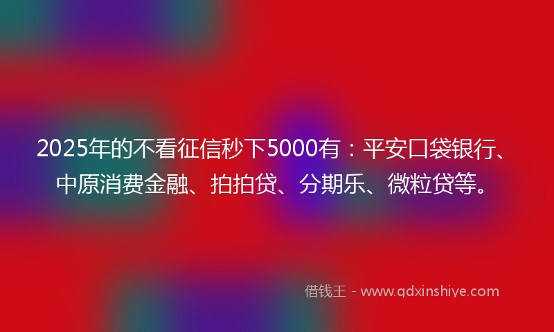 2025年的不看征信秒下5000有：平安口袋银行、中原消费金融、拍拍贷、分期乐、微粒贷等。