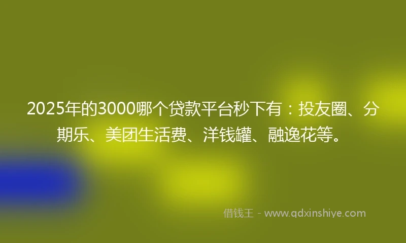 2025年的3000哪个贷款平台秒下有：投友圈、分期乐、美团生活费、洋钱罐、融逸花等。
