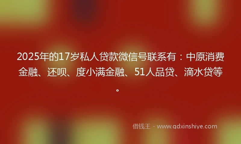 2025年的17岁私人贷款微信号联系有：中原消费金融、还呗、度小满金融、51人品贷、滴水贷等。