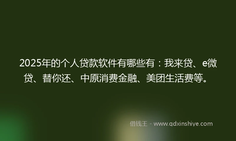 2025年的个人贷款软件有哪些有：我来贷、e微贷、替你还、中原消费金融、美团生活费等。