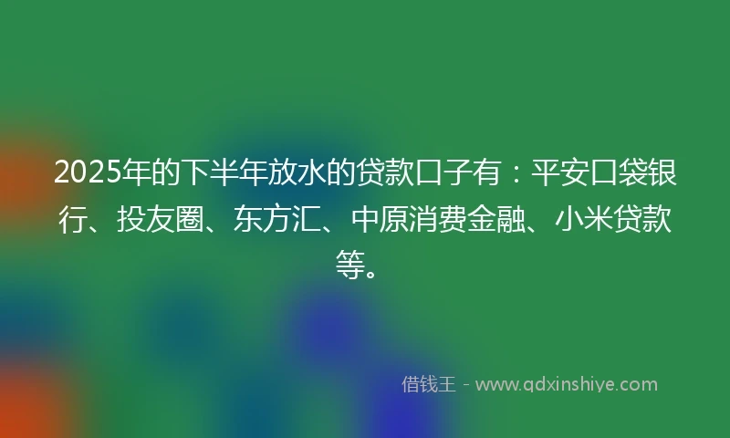 2025年的下半年放水的贷款口子有：平安口袋银行、投友圈、东方汇、中原消费金融、小米贷款等。
