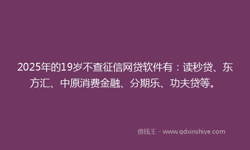 2025年的19岁不查征信网贷软件有：读秒贷、东方汇、中原消费金融、分期乐、功夫贷等。