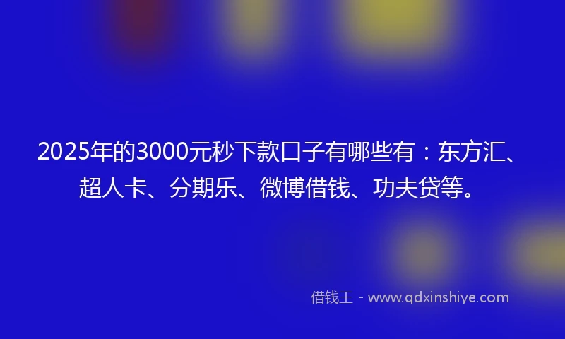 2025年的3000元秒下款口子有哪些有：东方汇、超人卡、分期乐、微博借钱、功夫贷等。