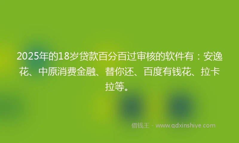 2025年的18岁贷款百分百过审核的软件有：安逸花、中原消费金融、替你还、百度有钱花、拉卡拉等。