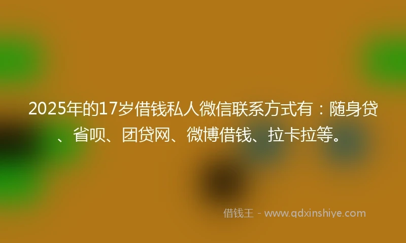 2025年的17岁借钱私人微信联系方式有：随身贷、省呗、团贷网、微博借钱、拉卡拉等。