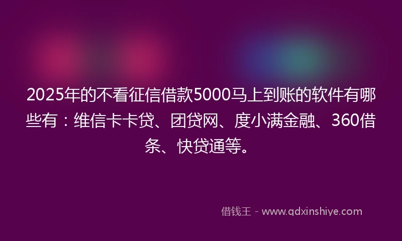 2025年的不看征信借款5000马上到账的软件有哪些有：维信卡卡贷、团贷网、度小满金融、360借条、快贷通等。