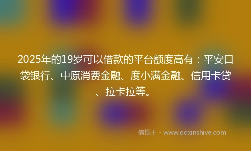 2025年的19岁可以借款的平台额度高有：平安口袋银行、中原消费金融、度小满金融、信用卡贷、拉卡拉等。