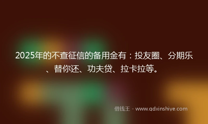 2025年的不查征信的备用金有：投友圈、分期乐、替你还、功夫贷、拉卡拉等。