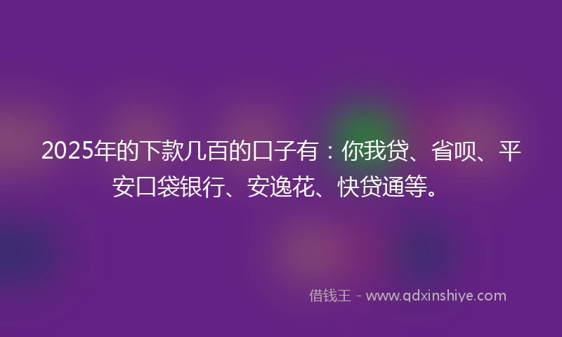 2025年的下款几百的口子有：你我贷、省呗、平安口袋银行、安逸花、快贷通等。