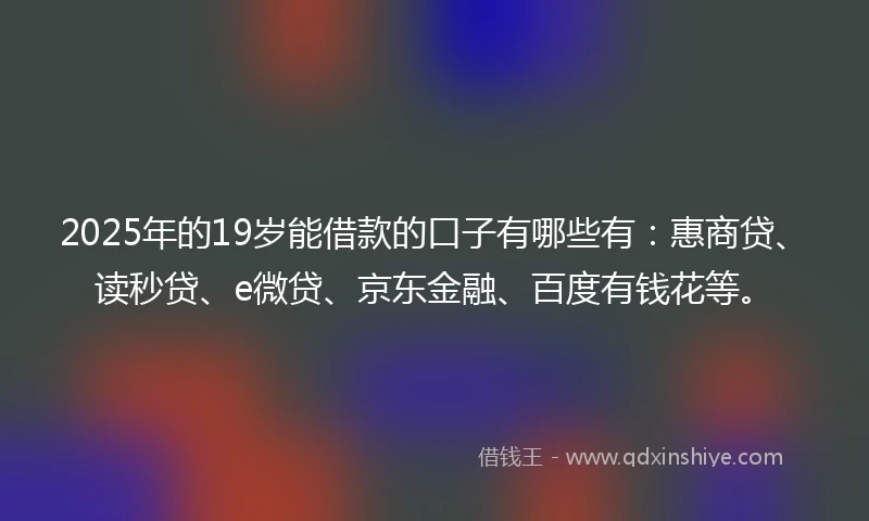 2025年的19岁能借款的口子有哪些有：惠商贷、读秒贷、e微贷、京东金融、百度有钱花等。