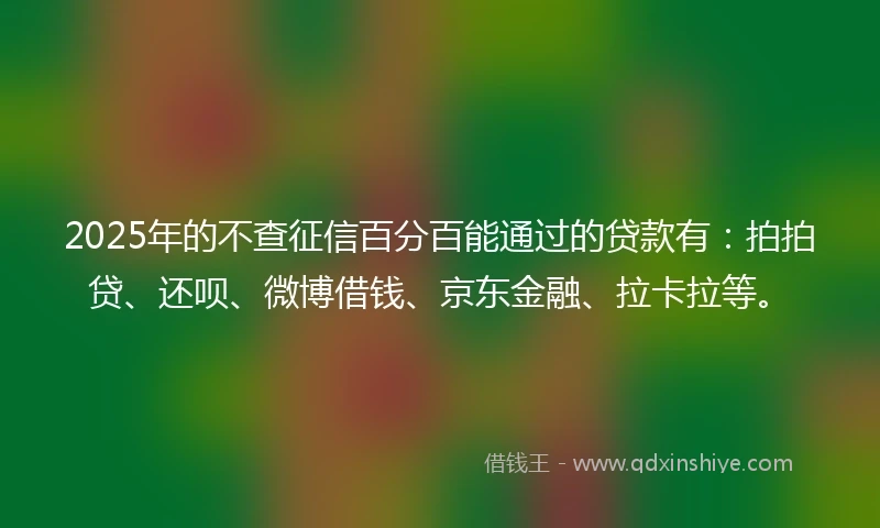 2025年的不查征信百分百能通过的贷款有：拍拍贷、还呗、微博借钱、京东金融、拉卡拉等。
