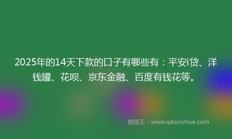 2025年的14天下款的口子有哪些有：平安i贷、洋钱罐、花呗、京东金融、百度有钱花等。