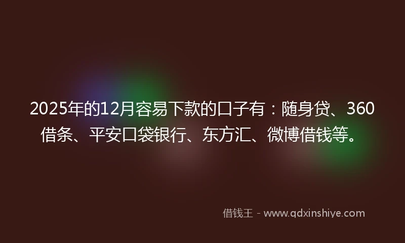 2025年的12月容易下款的口子有：随身贷、360借条、平安口袋银行、东方汇、微博借钱等。