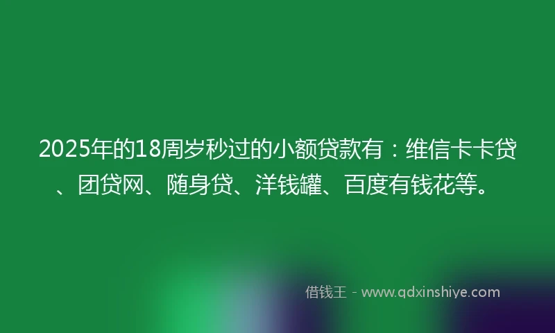 2025年的18周岁秒过的小额贷款有：维信卡卡贷、团贷网、随身贷、洋钱罐、百度有钱花等。