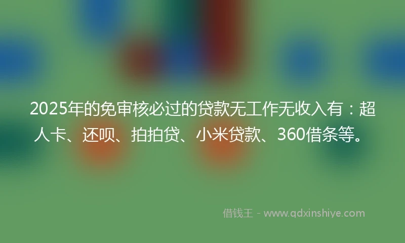 2025年的免审核必过的贷款无工作无收入有：超人卡、还呗、拍拍贷、小米贷款、360借条等。