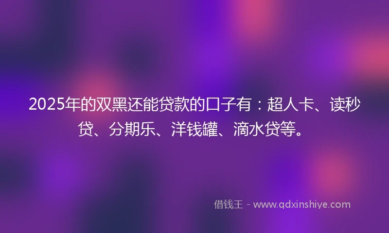 2025年的双黑还能贷款的口子有：超人卡、读秒贷、分期乐、洋钱罐、滴水贷等。